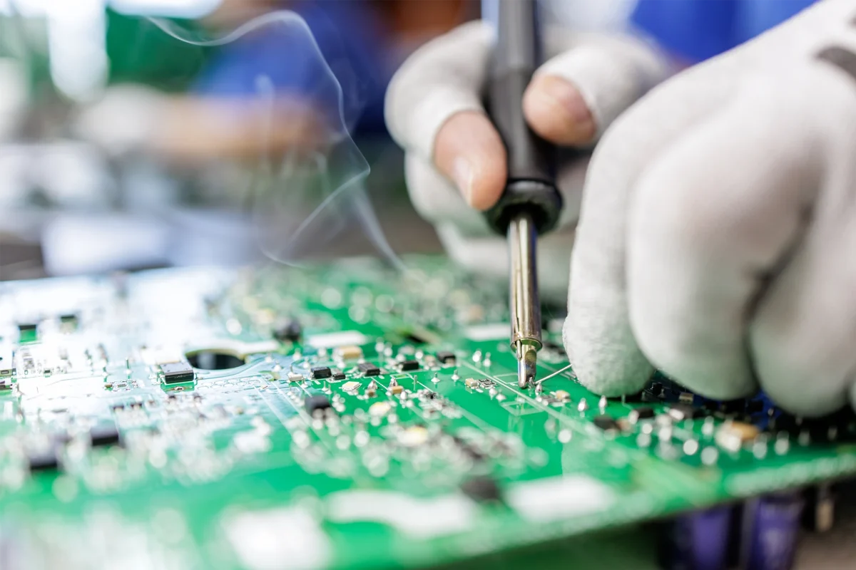 Closeup of worker in protective gloves soldering electronic circuit board with hot iron and visible smoke during assembly process