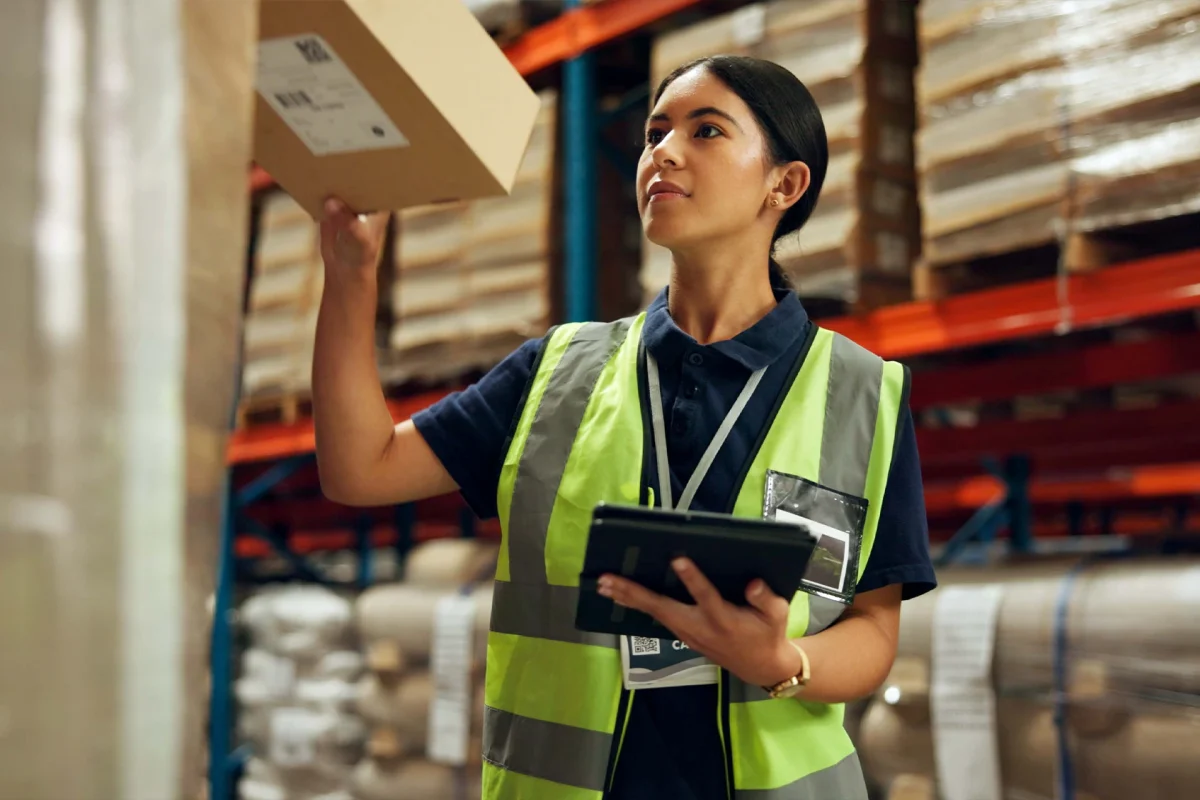 Magazziniere, donna e tablet per la gestione delle scorte, la logistica o il controllo qualità nelle ispezioni. Persona di sesso femminile, tecnico e manutentore per il trasporto, la catena di approvvigionamento o la fabbrica per la compagnia di navigazione come supervisore.