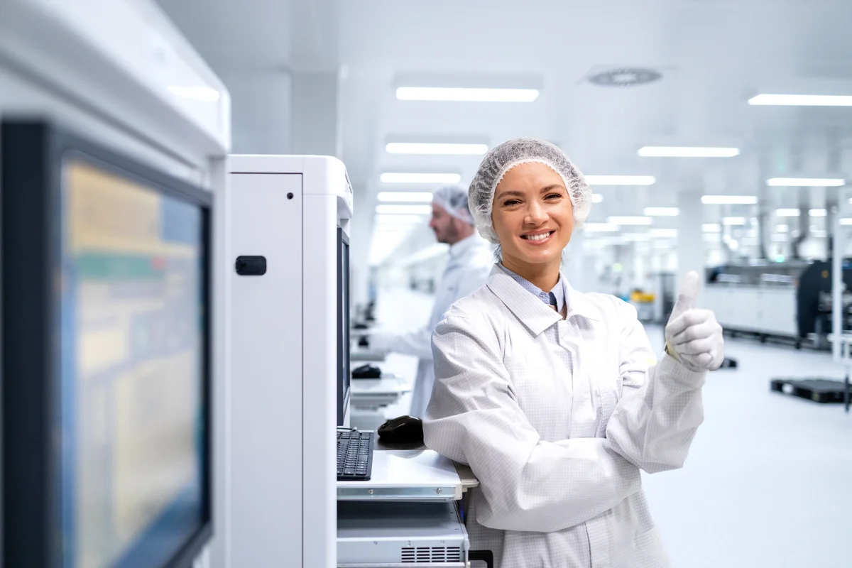 Portrait of female production line worker holding thumbs up in modern factory.